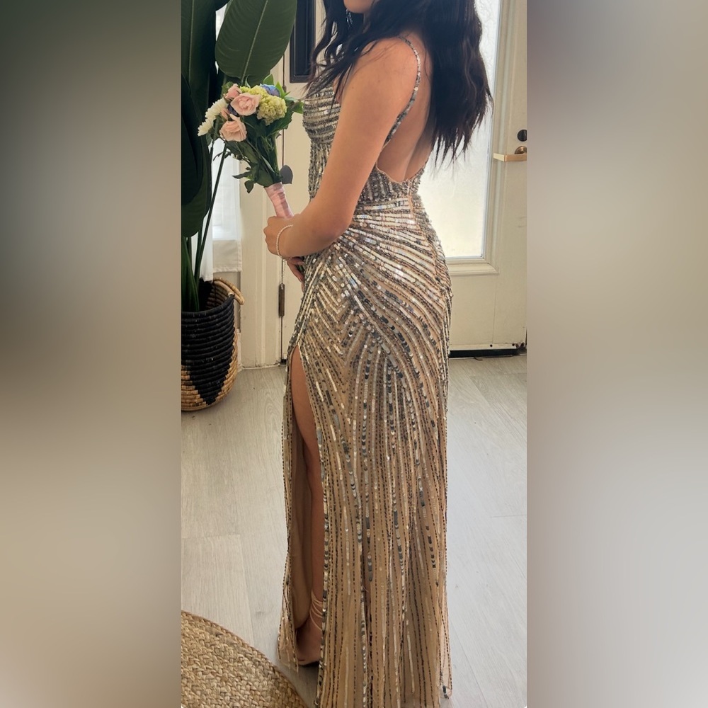Primavera Gold Spaghetti strap Gown for Prom - Picture 2 of 6